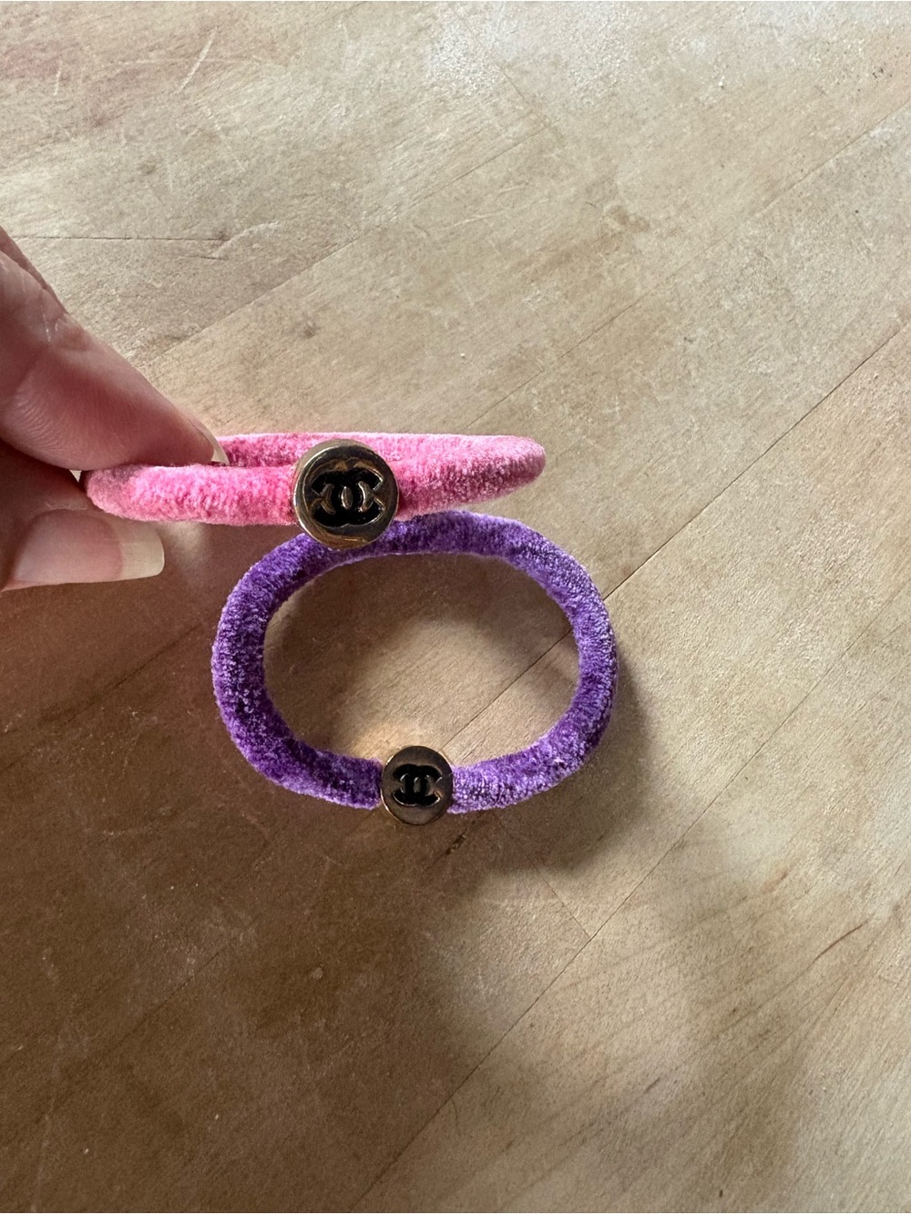 CHANEL Velvet Hair Bands in Pink and Purple with Logo Charms